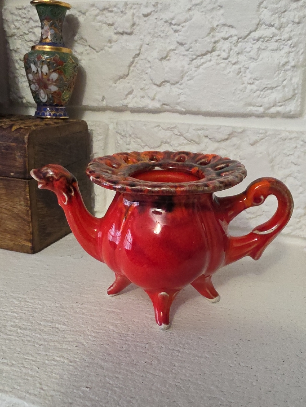 Vtg Made In Italy Majolica Red Ceramic Teapot Planter
